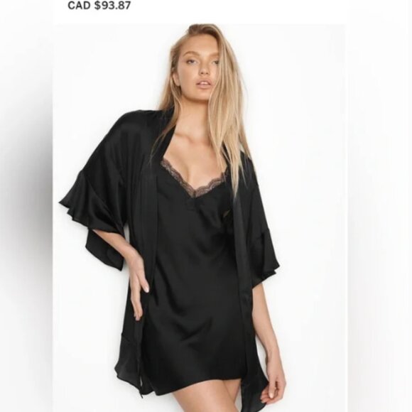 Victoria's Secret Black Satin Robe Flutter Sleeves Size XS Small - Picture 3 of 10